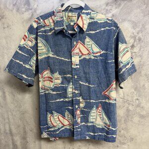 Vintage Kahala Hawaiian Shirt Mens Large Blue Button Up Sail Boat USA Hawaii